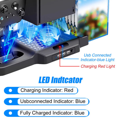Vertical Stand Fit for Xbox Series X/S with 2 Cooling Fans, EEEkit Dual Controller Fast Charging Dock Station Fit for Xbox Series S/X with 3 USB Ports, 11 Game Disc Slots