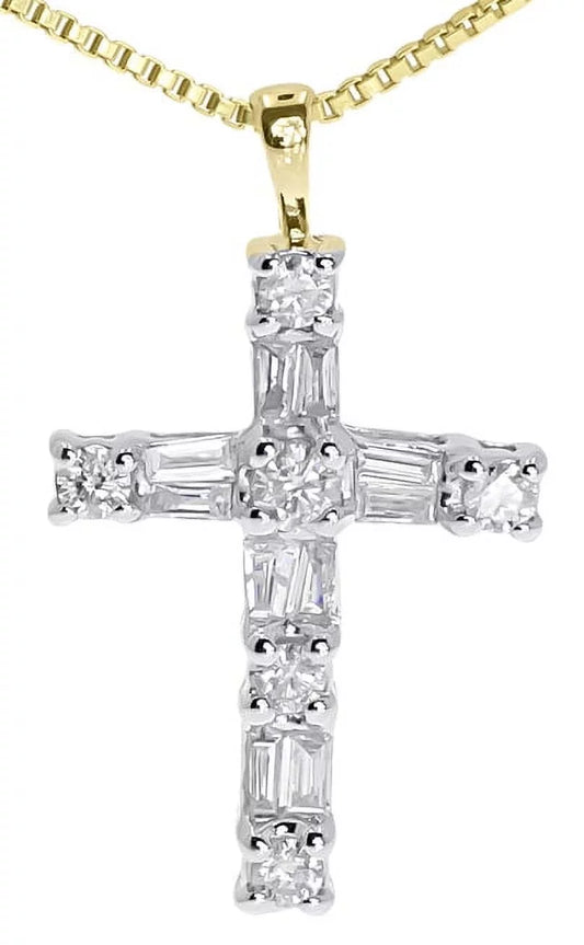 14k Yellow Gold Round Baguette Diamond Mini Cross (0.50 ct)