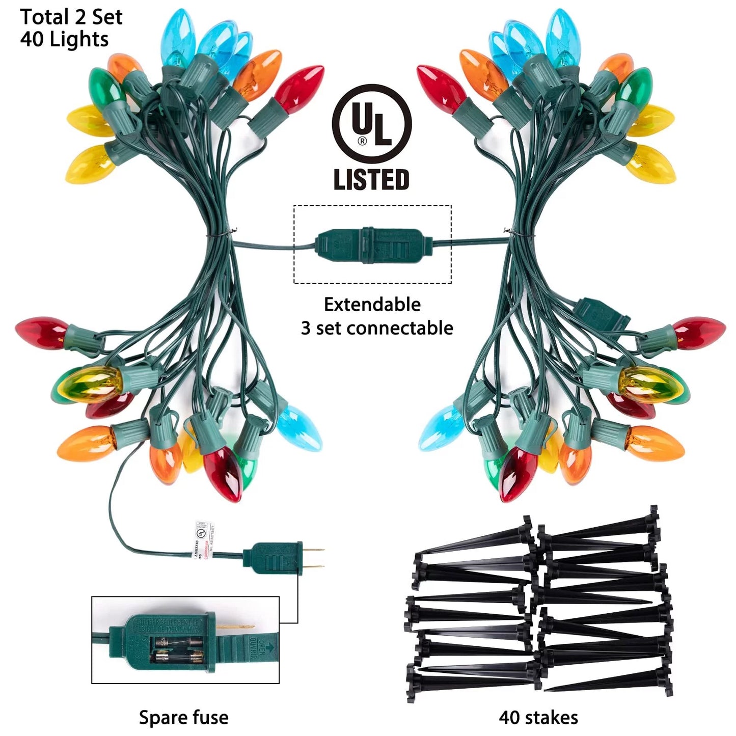 ALLJOY Christmas Lights Outdoor C9 Christmas Pathway Light Patio Driveway Walkway Yard Stakes 51.5 Feet (2Sets)