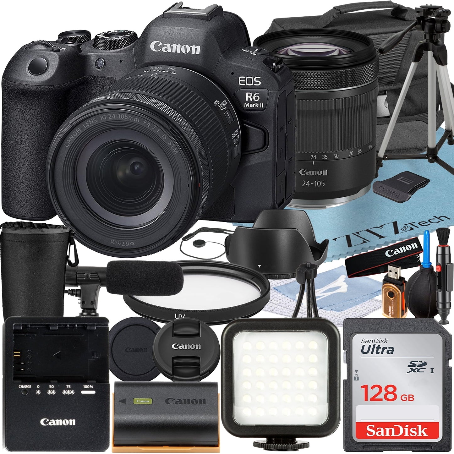 Canon EOS R6 Mark II Mirrorless Camera with RF 24-105mm Lens + SanDisk 128GB Memory Card + Case + LED Flash + ZeeTech Accessory Bundle