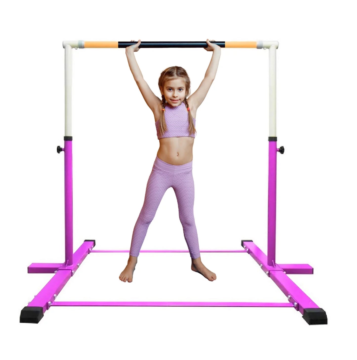 Athletic Bar Expandable Gymnastics Kip Bar for Kids with 6’x4’ Gymnastics Mat and Cushioned Handrail, Height Adjustable 3 to 5 FT Horizontal Bar, Gymnastic Bar for Junior Gymnasts Training Bar Pink