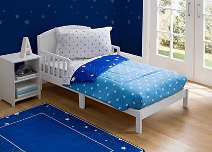 Toddler Bedding Set | Boys 4 Piece Collection | Fitted Sheet, Flat Top Sheet w/ Elastic bottom, Fitted Comforter w/ Elastic bottom, Pillowcase | Delta Children | Boys Starry Night | Blue Stars