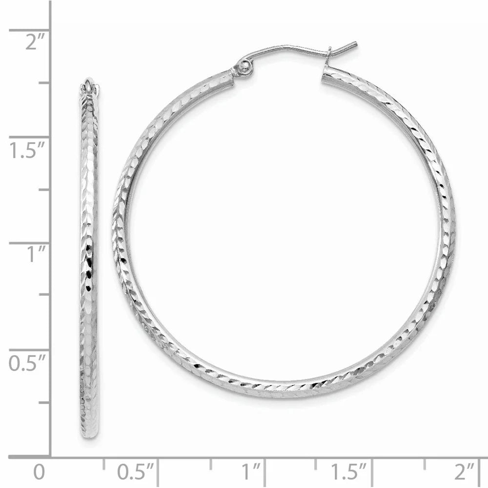 Real 14kt White Gold Diamond-cut 2mm Round Tube Hoop Earrings