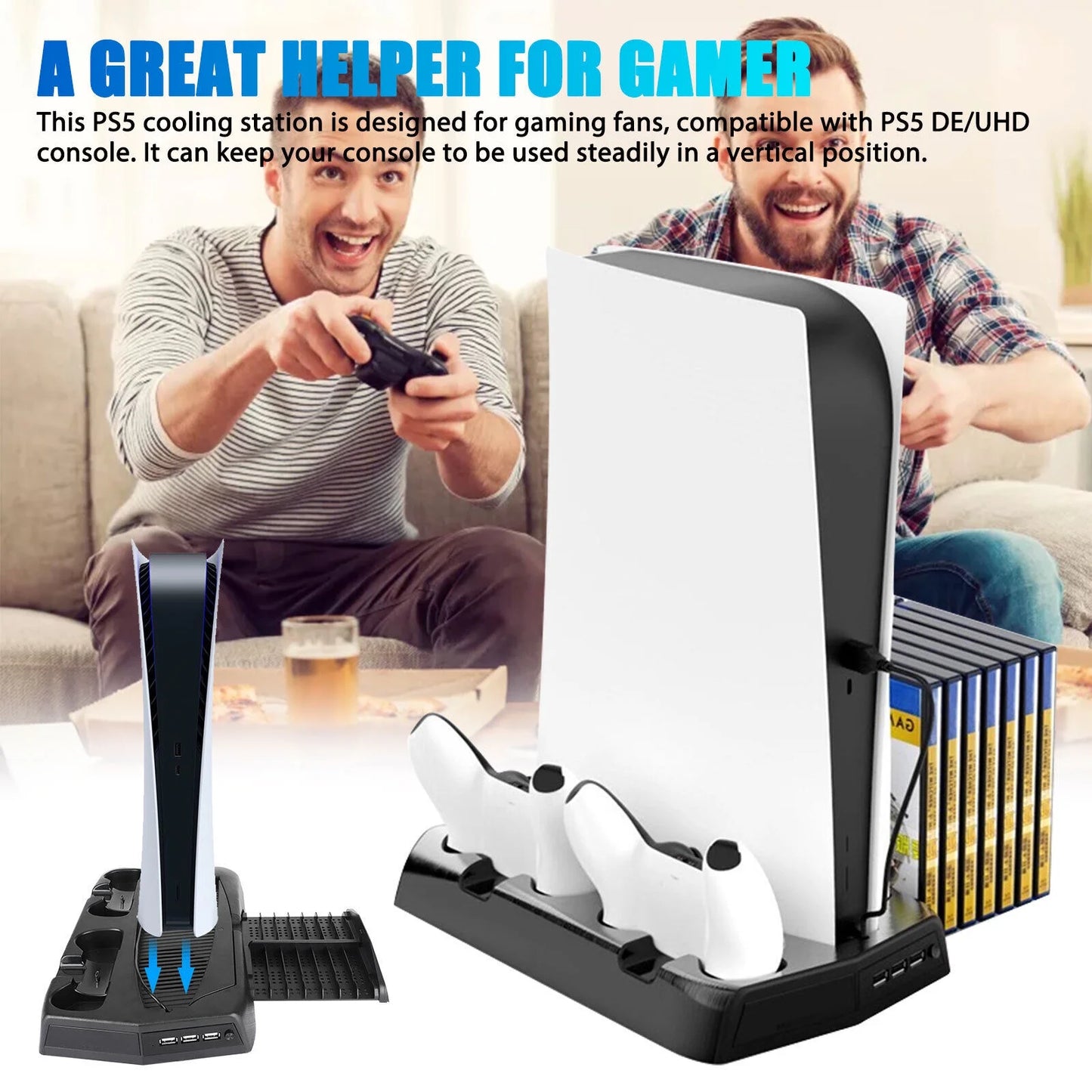 Charging Dock For PS5 Controller w/Console Stand Cooling Fans 14 Games Disk Slot