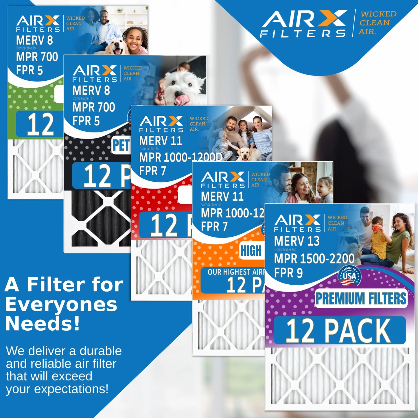 14x20x1 Air Filter MERV 11 Rating, 12 Pack of Furnace Filters Comparable to MPR 1000, MPR 1200 & FPR 7 - Made in USA by AIRX FILTERS WICKED CLEAN AIR.