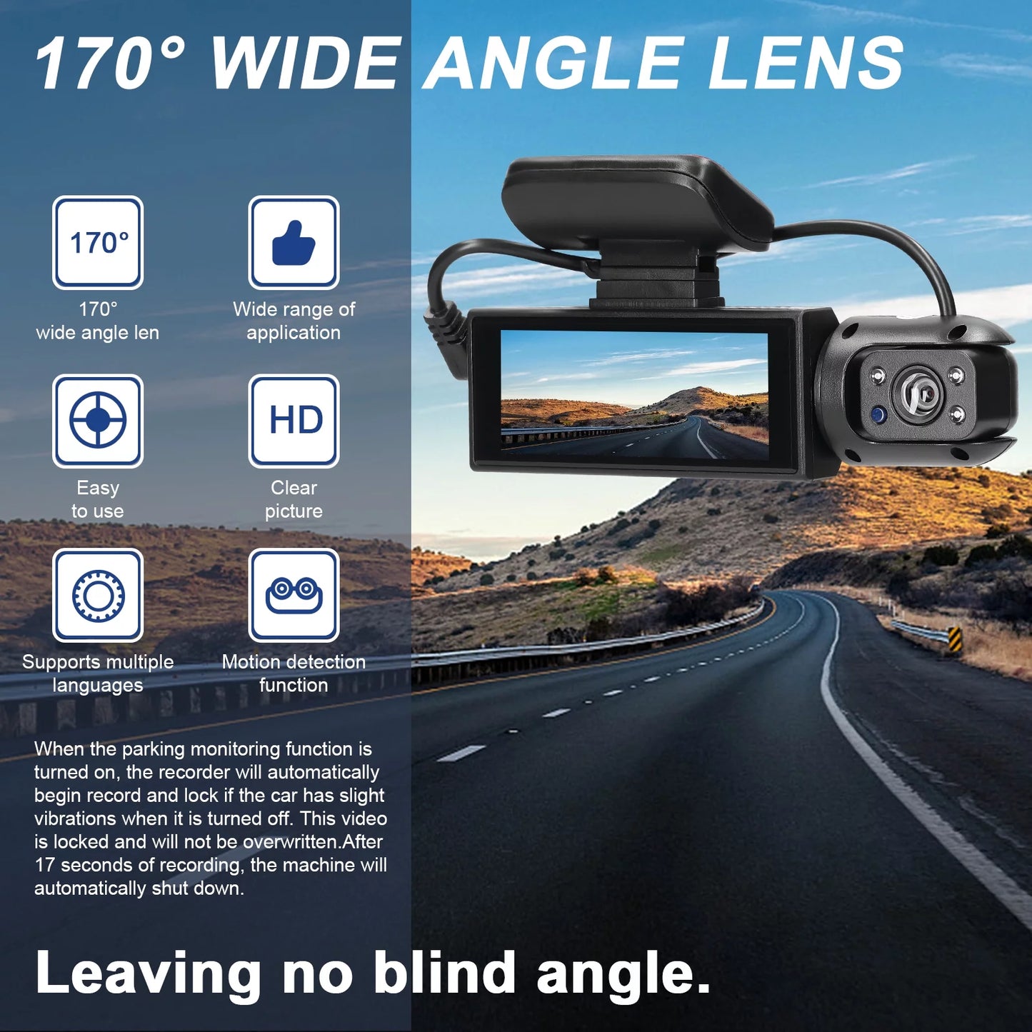 Tomshoo Dual Lens Car Dash Cam, Night Vision Recorder, Motion Detection, 170° Wide Angle, Multi language, Auto DVR