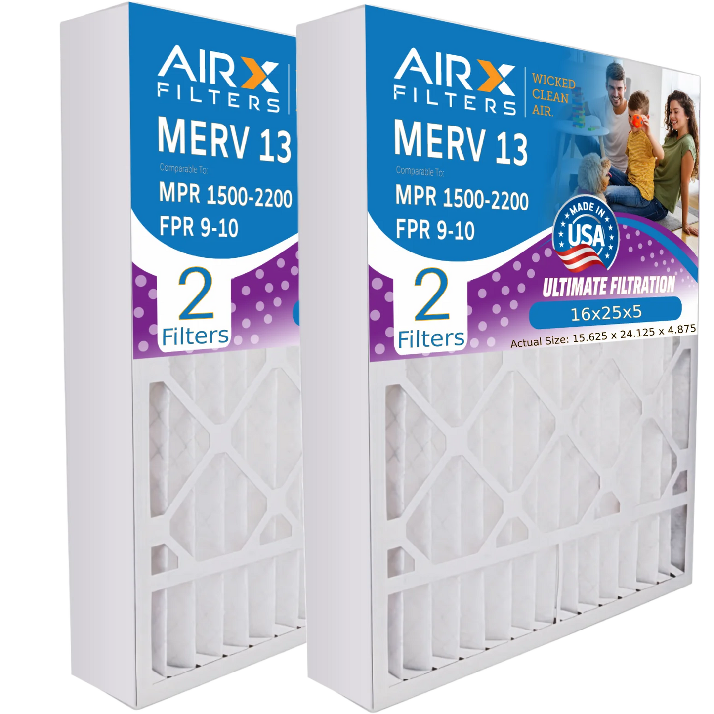 16x25x5 Air Filter MERV 13 Comparable to MPR 1500 - 2200 & FPR 9 Compatible with ReservePro 4511 Premium USA Made 16x25x5 Furnace Filter 2 Pack by AIRX FILTERS WICKED CLEAN AIR.