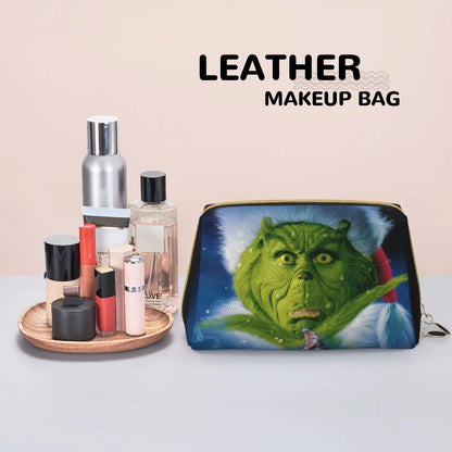 The Grinch Christmas Cosmetic Bag Makeup Organizer Leather Portable Pouch Gift Travel Toiletry Bag Storage Purse