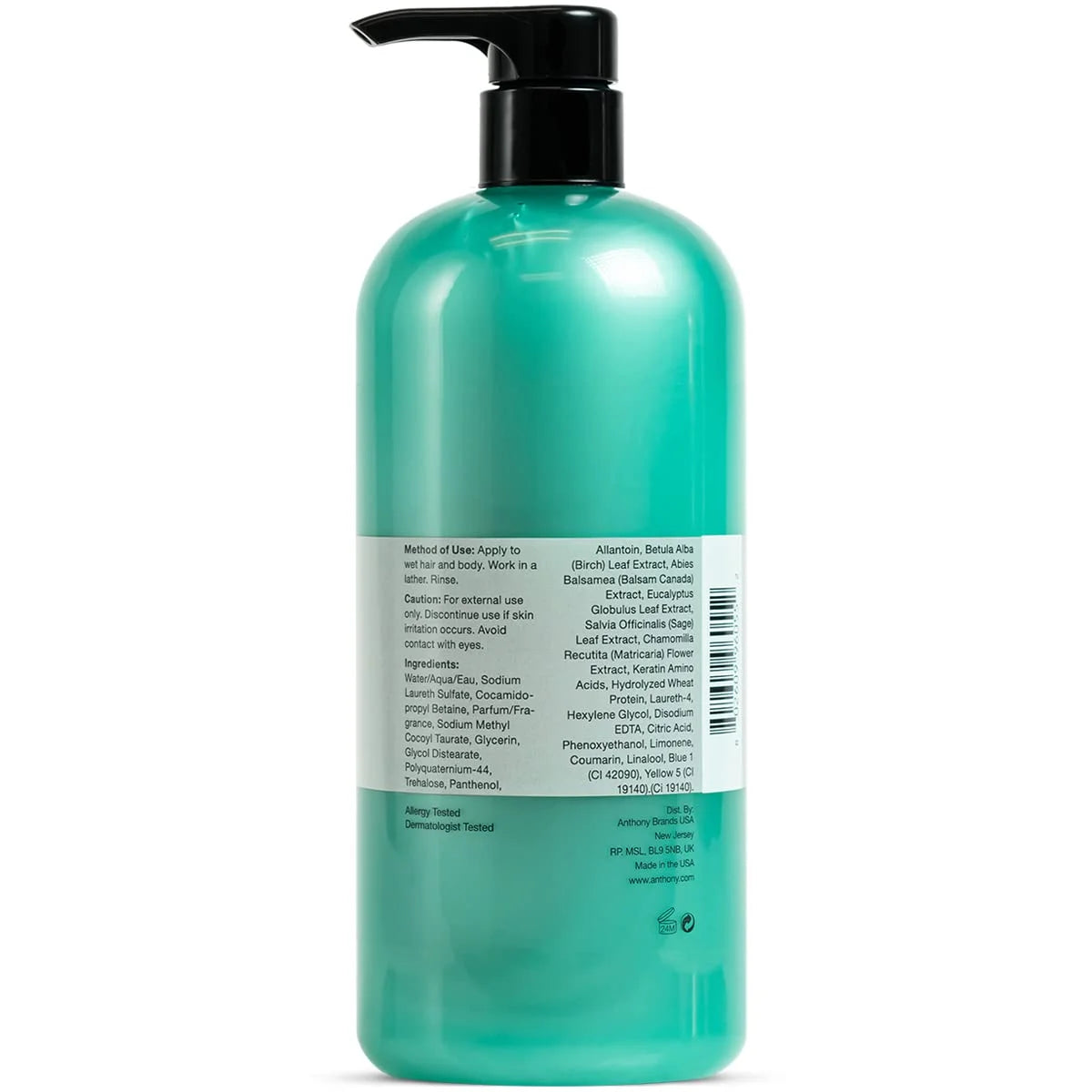 Anthony Invigorating Rush Hair and Body Wash, 32 Fl Oz, Contains Eucalyptus Extract, Canadian Balsam, Birch Leaf, 2-In-1 Formula For Hair and Body, That Cleanses, Refreshes, Hydrates and Soothes