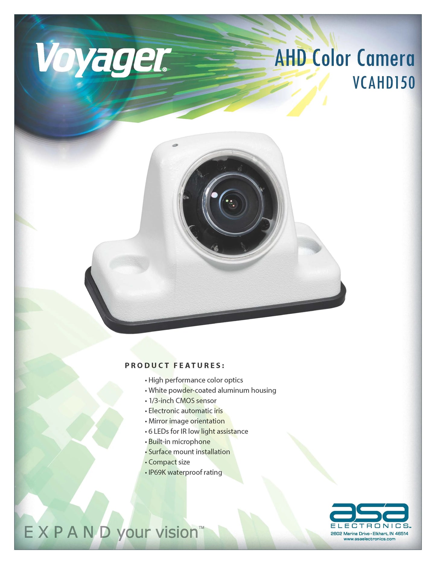 Voyager VCAHD150 Vehicle Surface Mount Heavy Duty AHD Rear Color Camera w/ Night Vision, 160-Degree Viewing Angle, IR LED Low Light Assist, White Impact Resistant Aluminum Housing, IP69K Waterproof