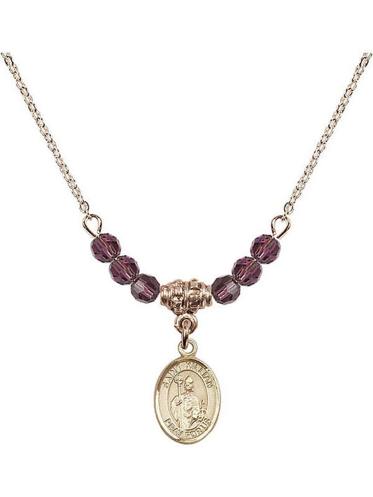 18-Inch Hamilton Gold Plated Necklace with 4mm Purple February Birth Month Stone Beads and Saint Kilian Charm