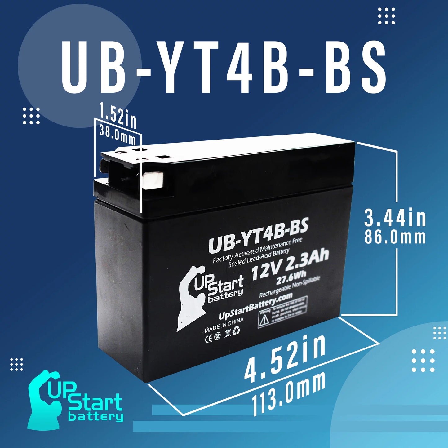 2-Pack UpStart Battery Replacement 2009 Yamaha SR400 400CC Factory Activated, Maintenance Free, Motorcycle Battery - 12V, 2.3Ah, UB-YT4B-BS