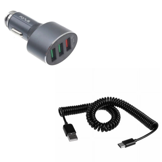 Type-C Coiled USB Cable w 3-Port USB 42W Quick Car Charger Z3R for Samsung Galaxy Note 10 Plus Fold A9 A50 A20 A10e - Sonim XP8 XP3 - Sony Xperia 5 10 Plus 1 - Xiaomi Redmi Note 7, Mi Mix 2 9T