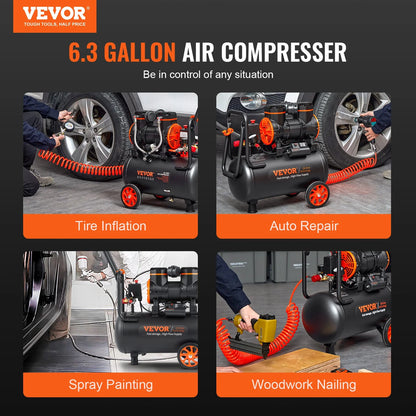 VEVOR Ultra Quiet Air Compressor, 6.3 Gallon, 1450W, 3.35 CFM @ 90PSI, Oil-Free, 70 dB