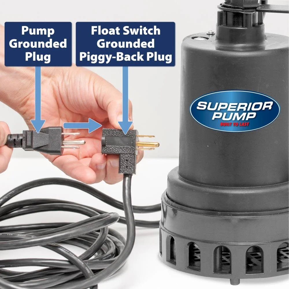 Superior Pump 92572 1/2 HP Thermoplastic Submersible Water Sump Pump with Vertical Float Switch, Black