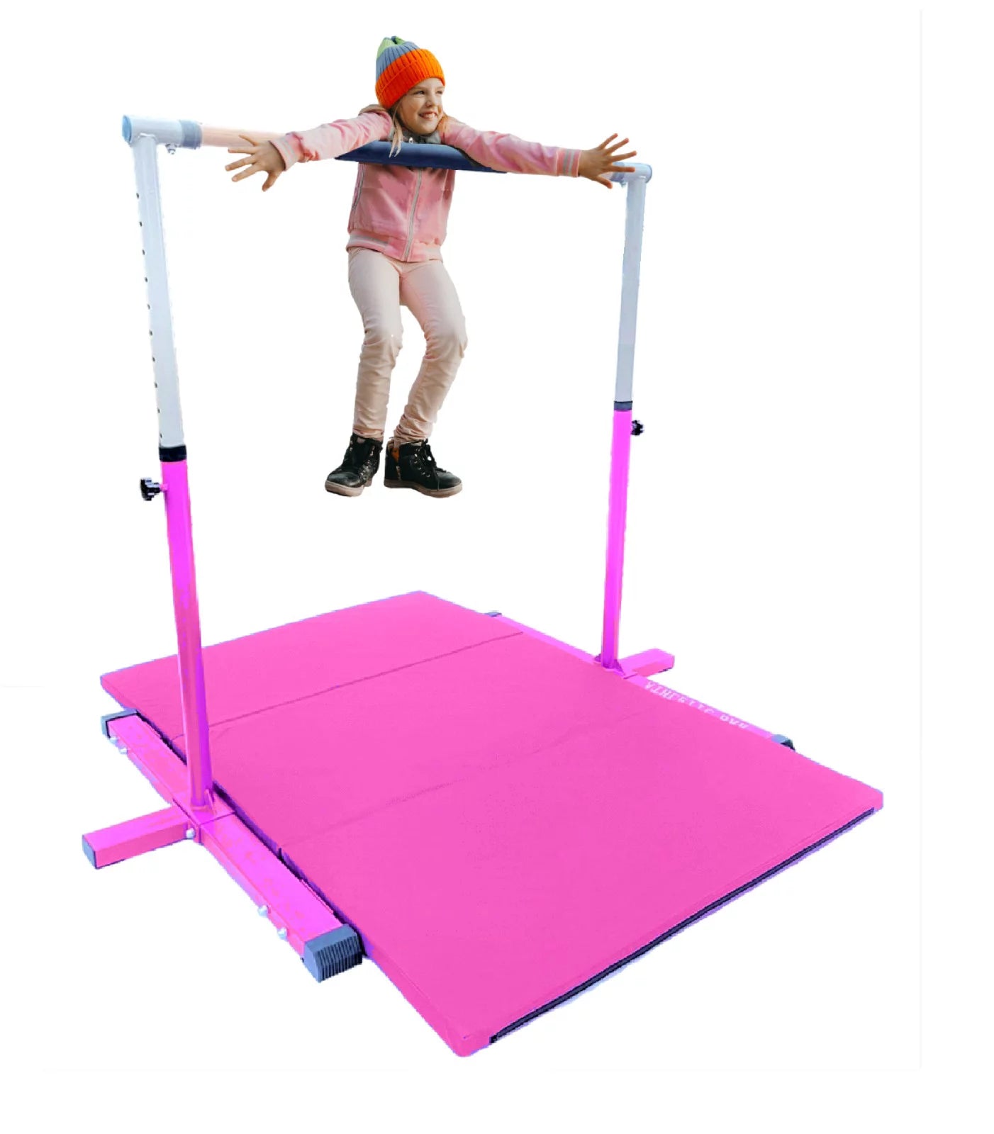 Athletic Bar Expandable Gymnastics Kip Bar for Kids with 6’x4’ Gymnastics Mat and Cushioned Handrail, Height Adjustable 3 to 5 FT Horizontal Bar, Gymnastic Bar for Junior Gymnasts Training Bar Pink