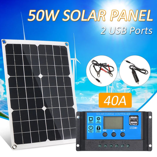 50W DC 5V/18V Dual Output Solar Panel with 2 USB Ports & Car Charge IP65 Water Resistance /24V Solar Charge Controller PWM Intelligent Regulator