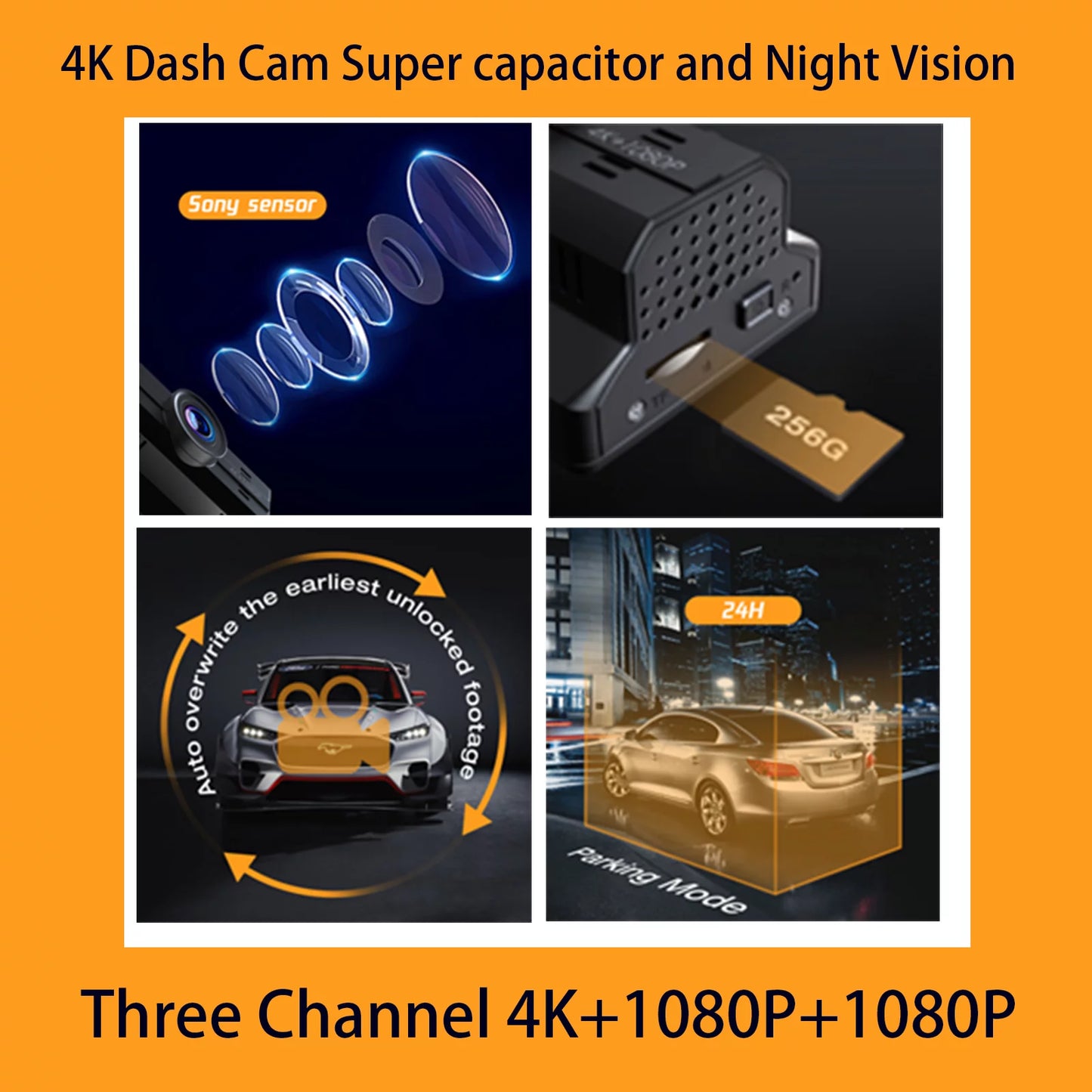 3 Channel 4K Dash Cam Front and Rear Inside, 4K+1080P Dash Camera Front and Inside, Triple Car Camera 2K+1080P+1080P with IR Night Vision, WDR, 170°Wide Angle, Parking Monitor