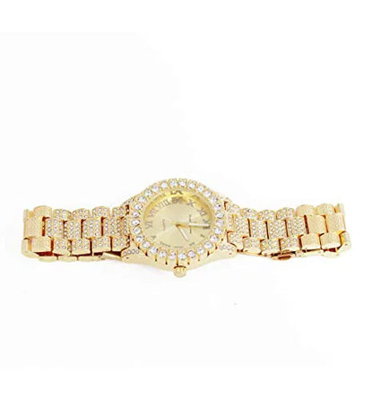 Charles Raymond Women's Big Rocks Blinged Out Dial with Roman Numerals Fully Iced Out Hip Hop Wristwatch - ST10327LA (Gold-Gold)