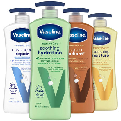 Vaseline Intensive Care Body Lotion For Women & Men - Ultra-Hydrating Lotion Set For Dry Skin, Soothing Hydration/Advanced Repair/Cocoa Radiant/Essential Healing, 20.3 Oz Ea (4 Piece Set).