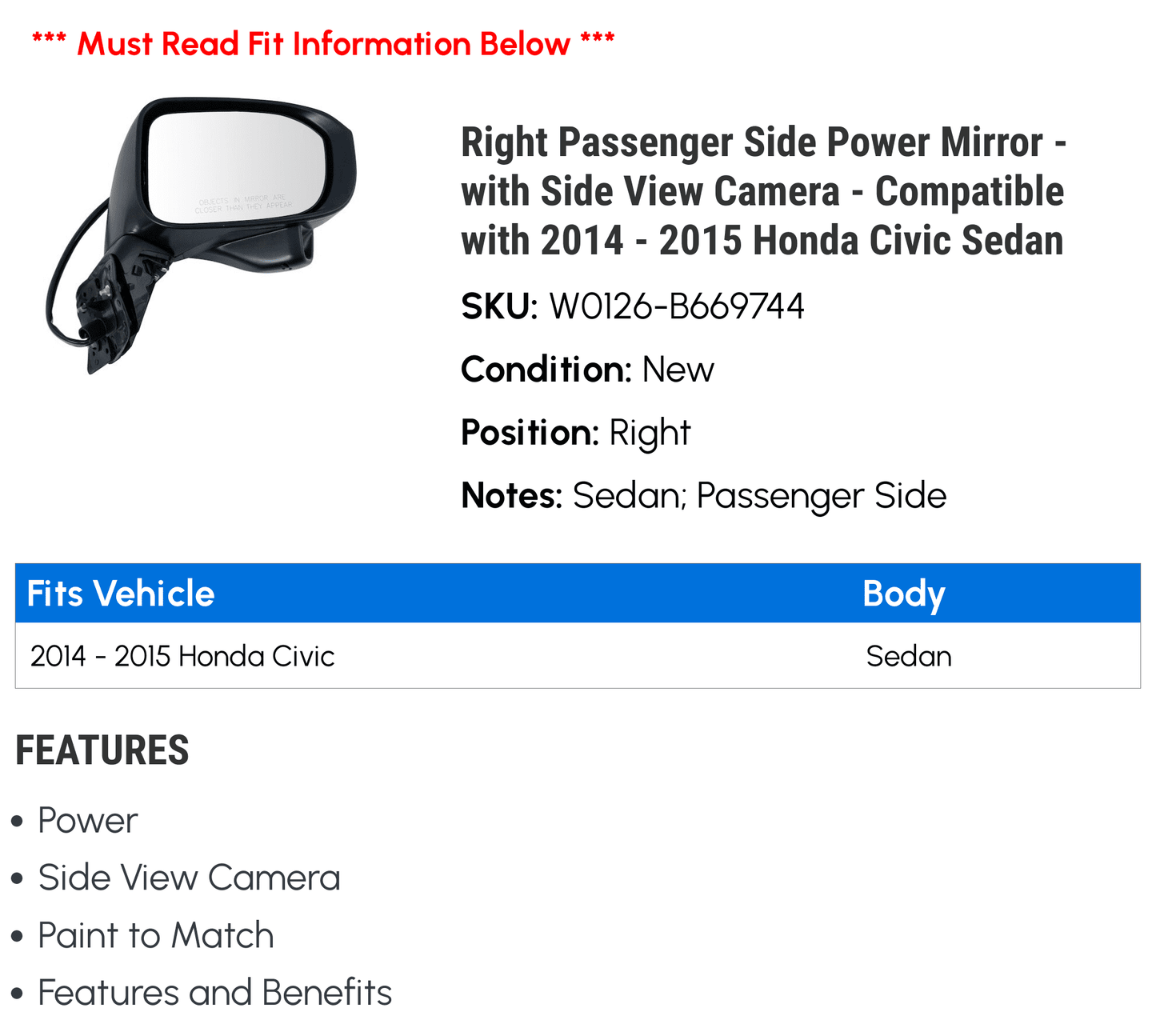 Right Passenger Side Power Mirror - with Side View Camera - Compatible with 2014 - 2015 Honda Civic Sedan