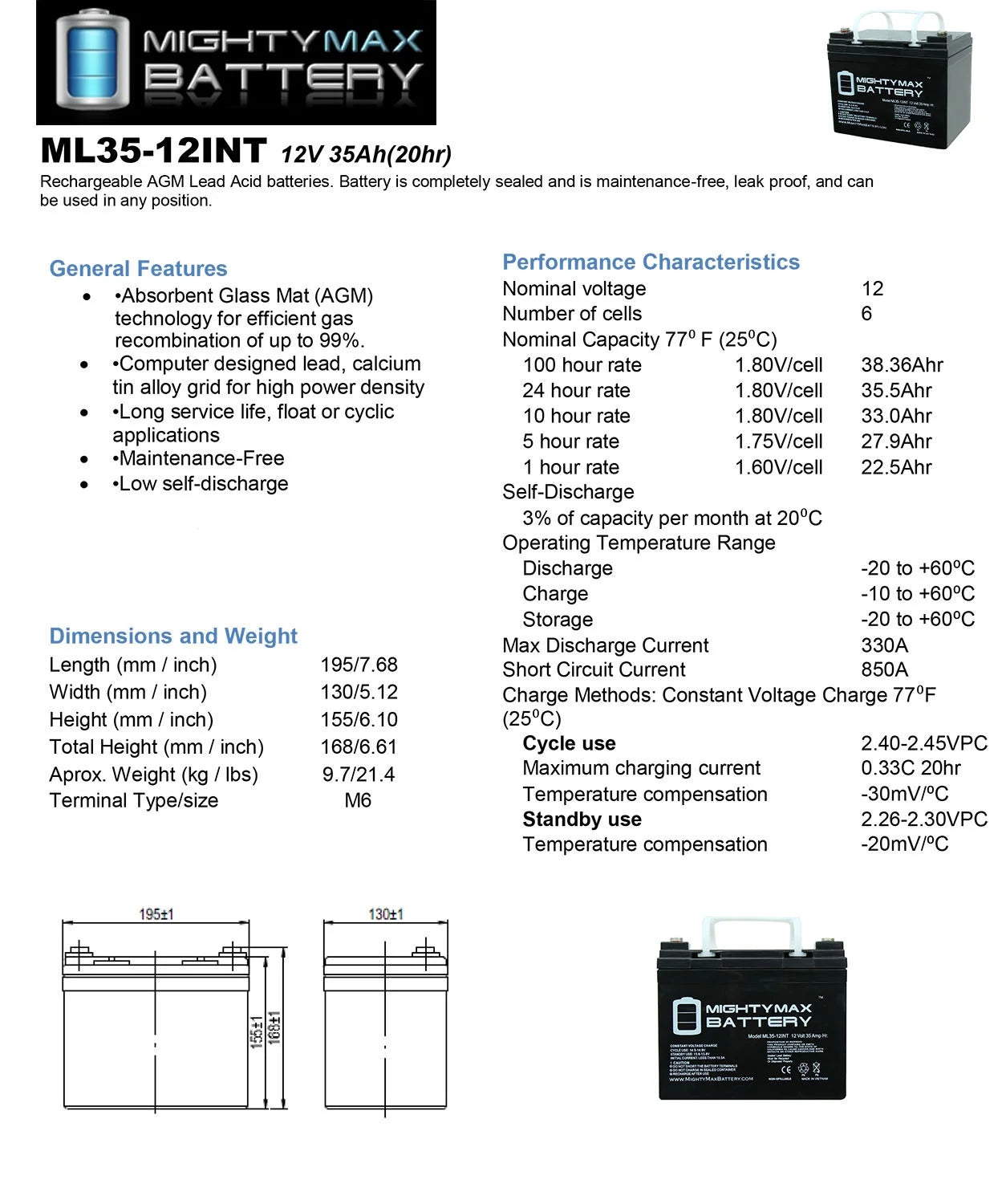 12V 35AH SLA INT Battery Replacement for Generac OD4575 - 2 Pack