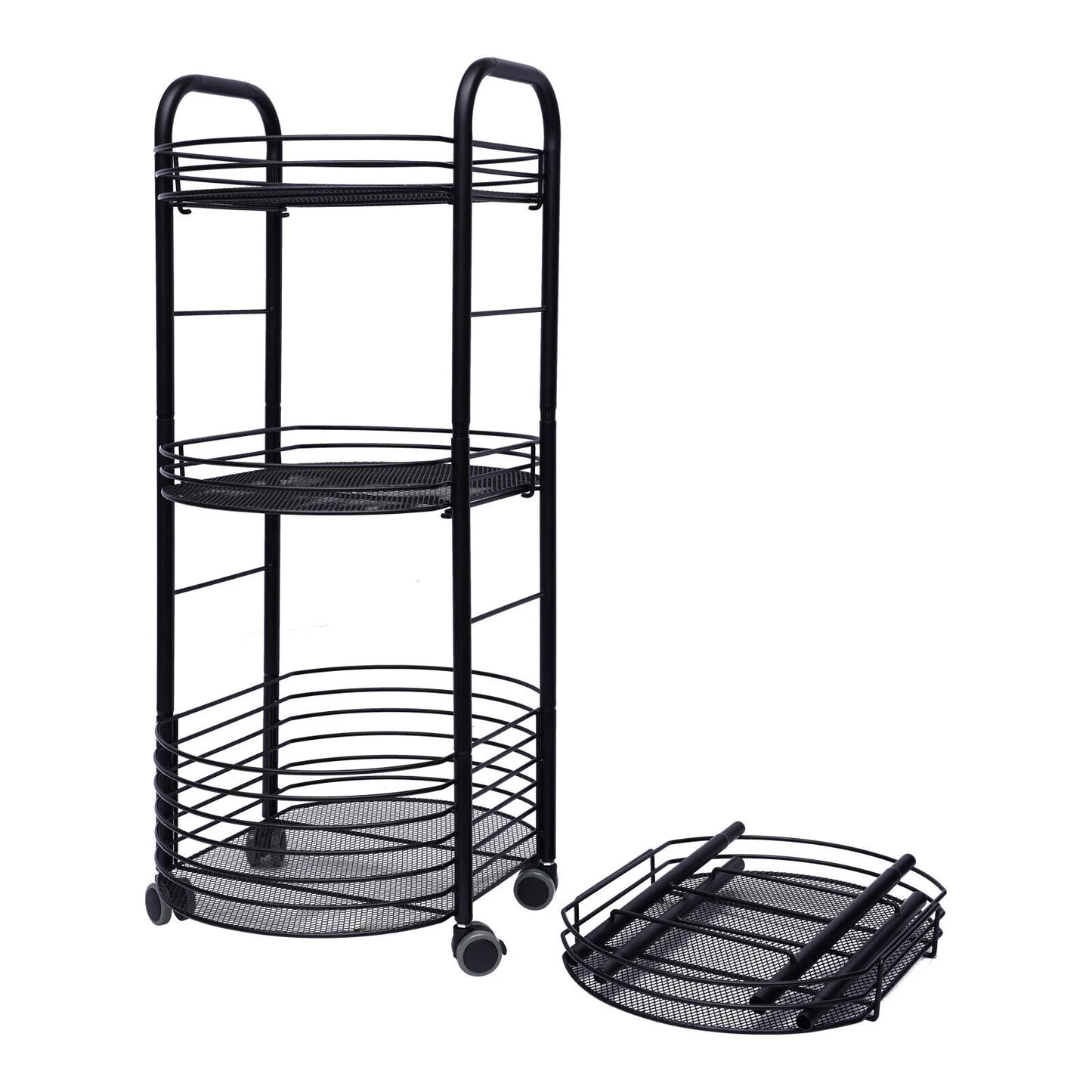 4 Tier Rolling Cart, Kitchen Storage Organizer Utility Cart, Metal Basket Storage Art Trolley Carts with Rims, Black