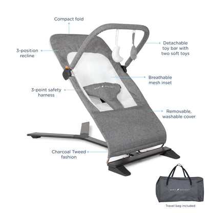 Baby Delight Alpine Deluxe Portable Baby Bouncer, for Infants 0-6 Months, Charcoal Tweed