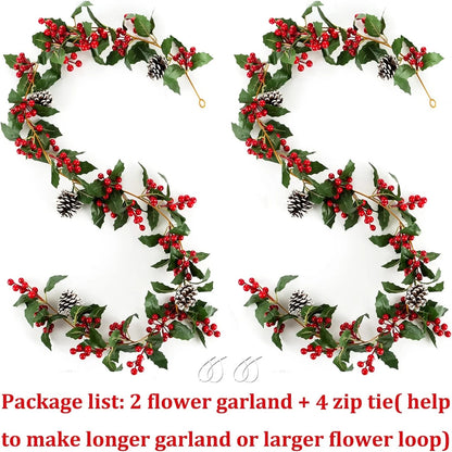 Blosmon Christmas Garland Decorations 2 Pcs 5.9Ft Artificial Red Berry Garland Christmas Leaves Pinecones Indoor Outdoor DIY for Fireplace Kitchen Door Party Holiday Decor