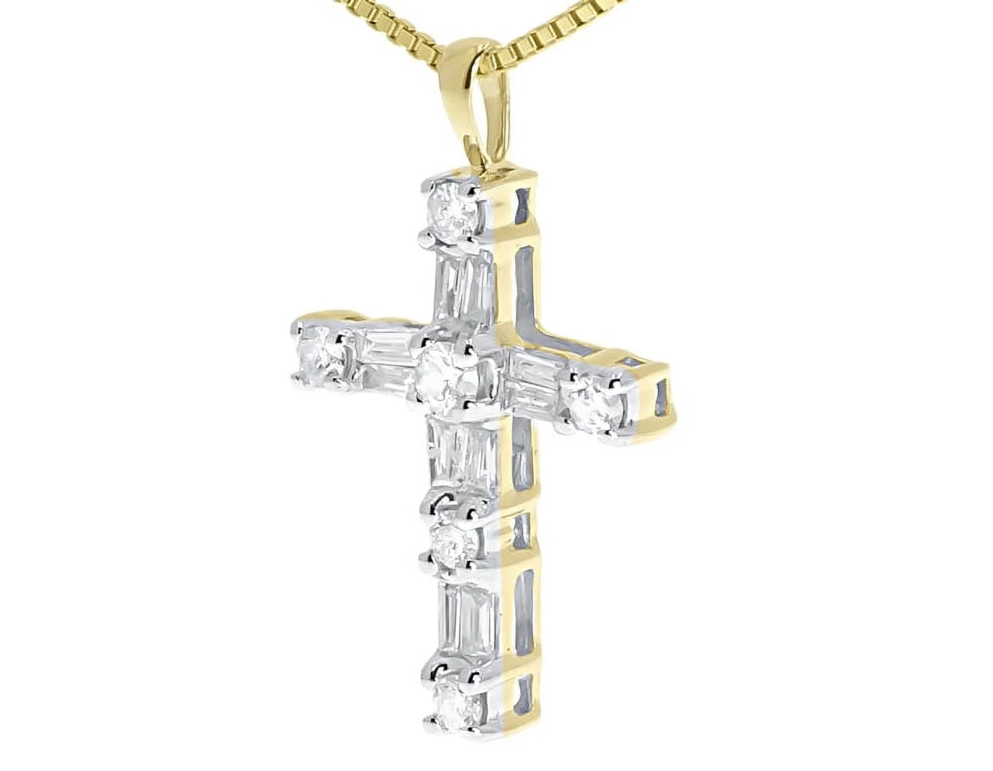 14k Yellow Gold Round Baguette Diamond Mini Cross (0.50 ct)