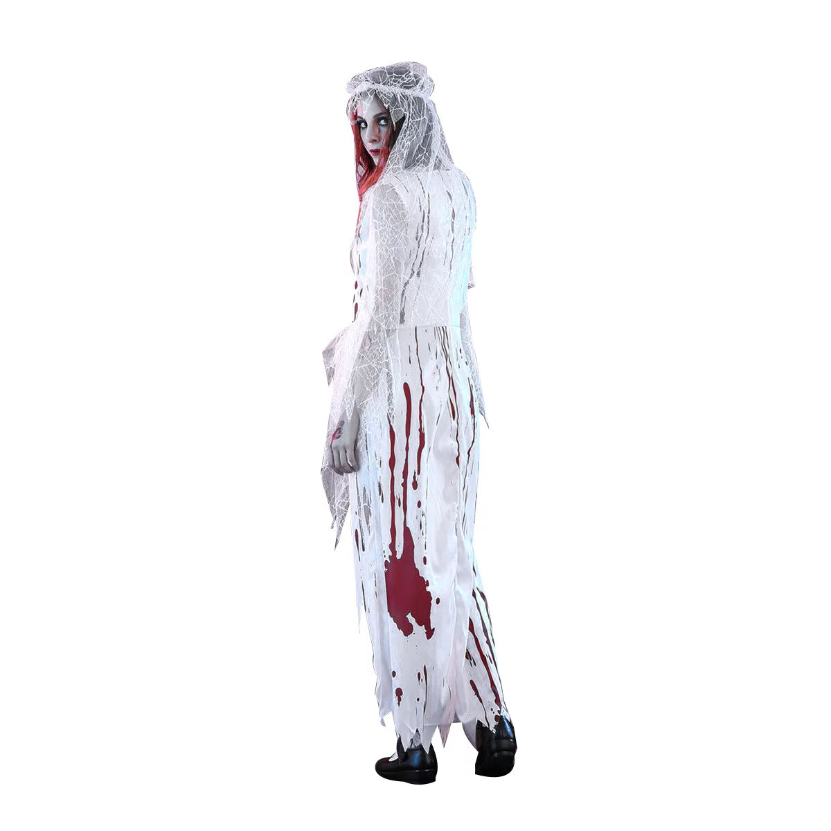 Adult Women's Irregular Blood Corpse Bride Halloween Long Dress Party Cosplay Costume with Veil - Size M (White)