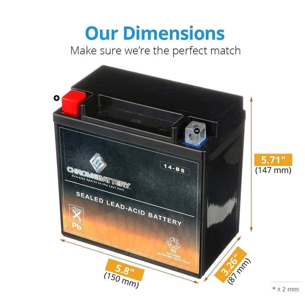 Chrome Battery YTX14-BS (14-BS 12 Volt,12 Ah, 200 CCA) Motorcycle Battery for Honda 1100cc Vt1100c, C3, T Shadow (spirit, Aero, A. C. E. Tourer) 2007