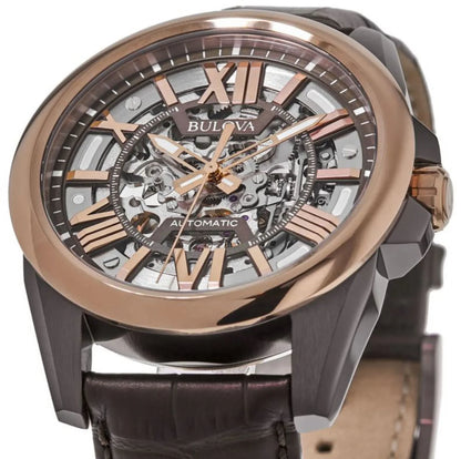 Bulova Men's Automatic Skeleton Dial Brown Leather Strap Watch 98A165