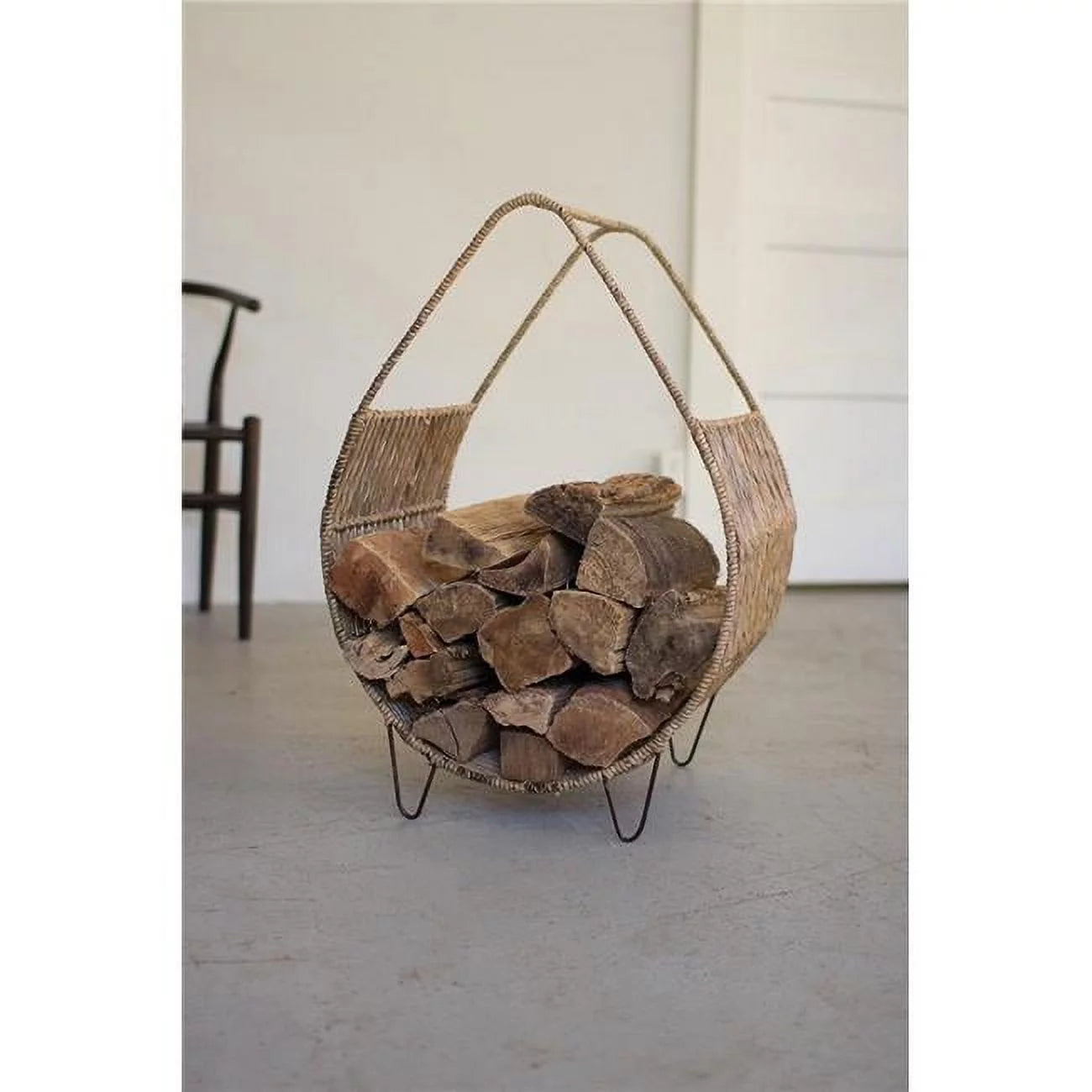 Woven Rush And Metal Firewood Rack With Tall Handle Natural