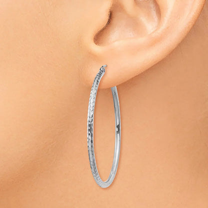 Real 14kt White Gold Diamond-cut 2mm Round Tube Hoop Earrings