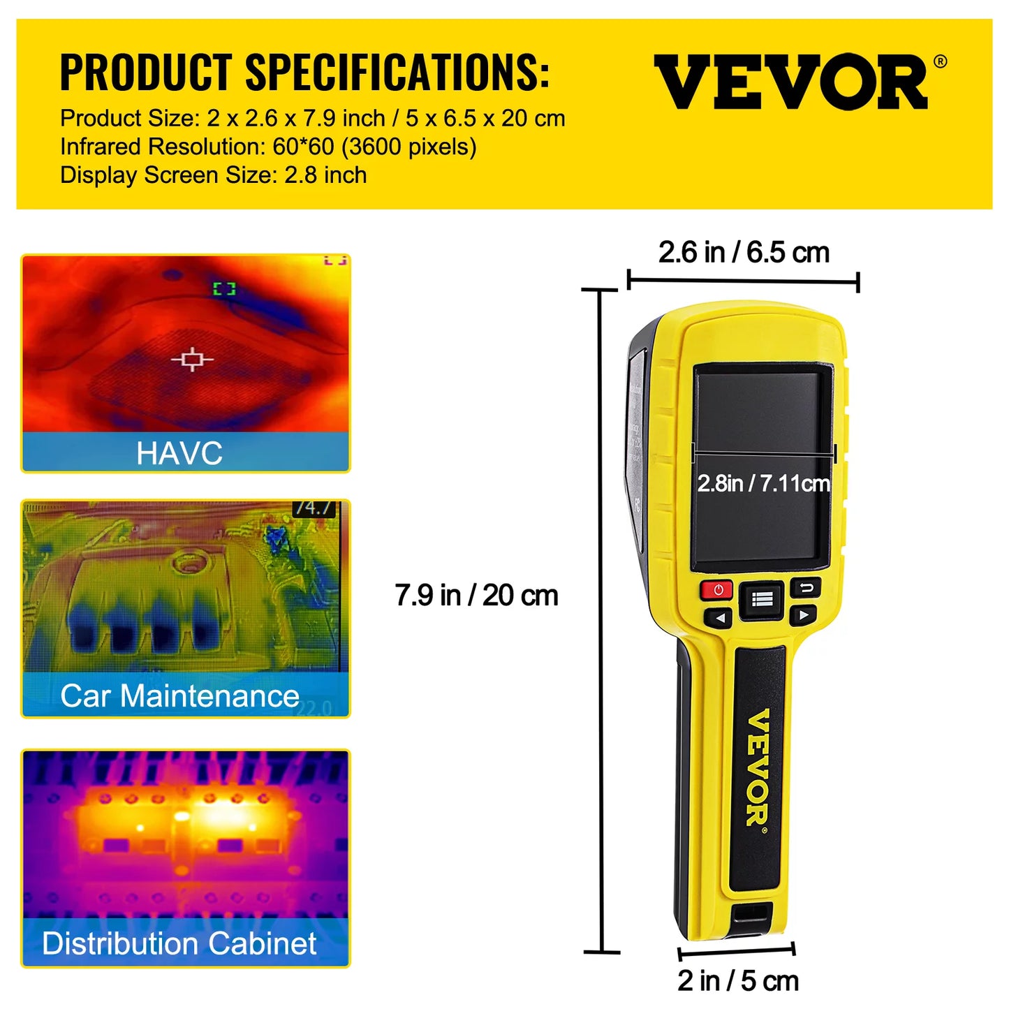 SKYSHALO Thermal Imaging Camera, 60x60 (3600 Pixels) IR Resolution Infrared Camera with 2.8" Color Display Screen, Built-in SD Card and Li-ion Battery, for HVAC, Electrical System Automatic Detect