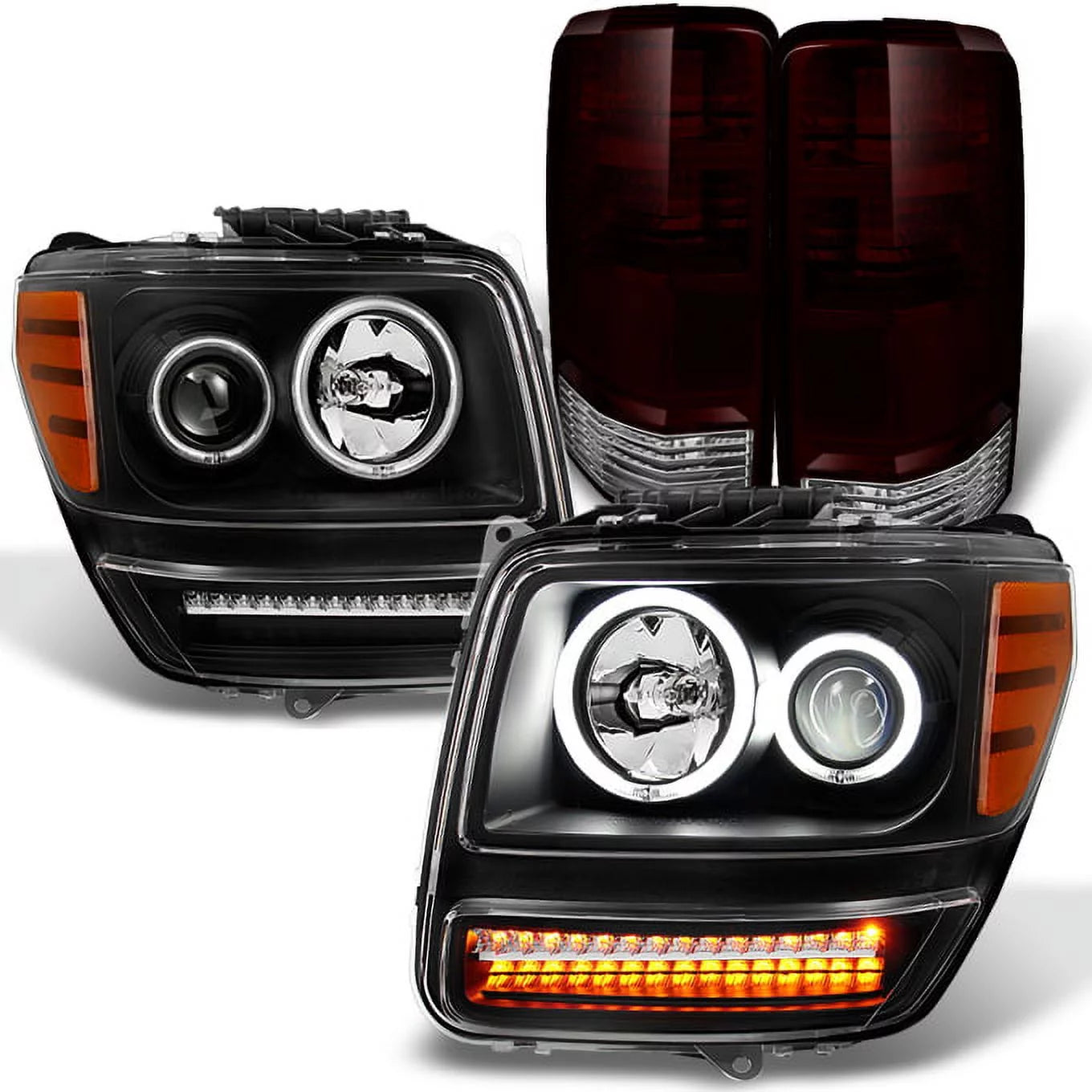 AKKON - For 2007-2012 Nitro Dual CCFL Halo Black Projector LED Signal Headlights + Dark Red Tail Lights Combo