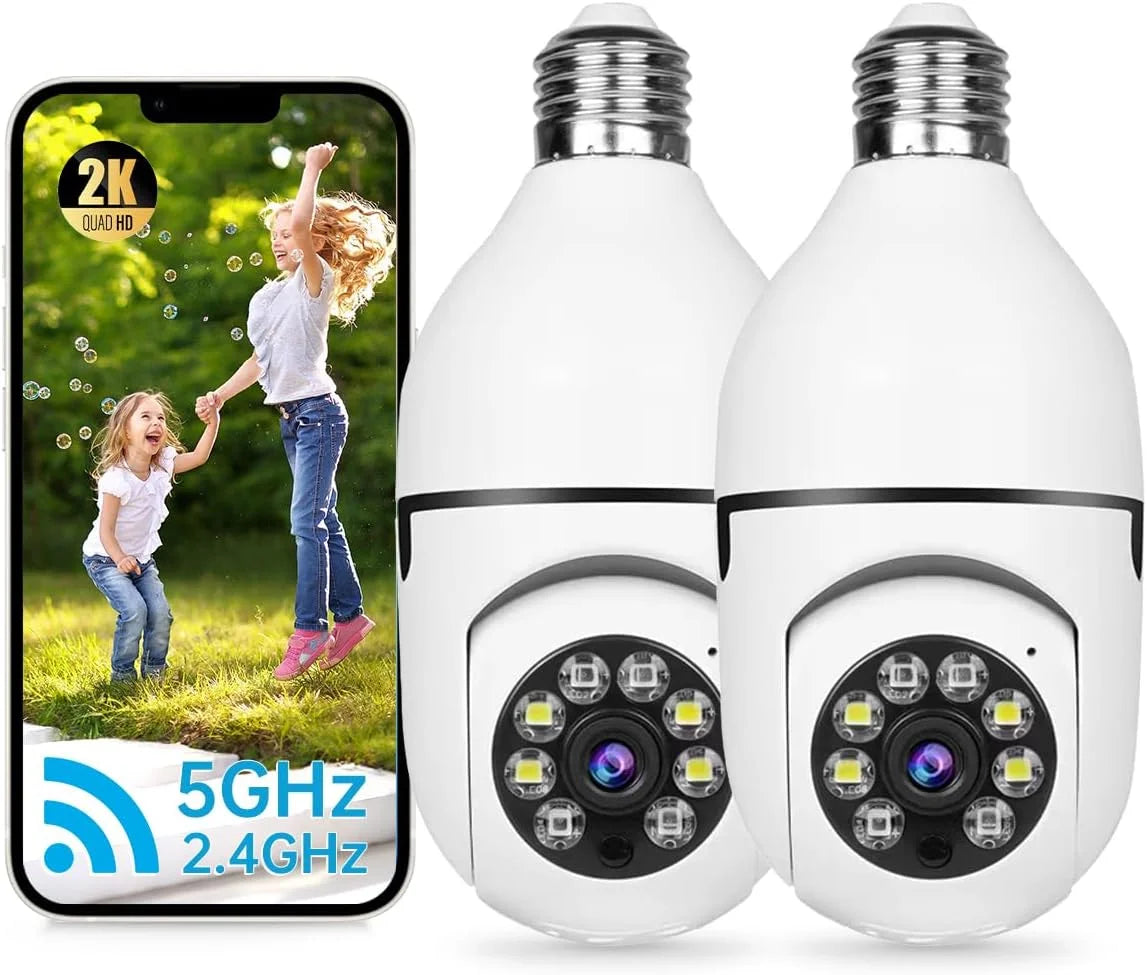 2K Light Bulb Security Cameras Outdoor 2pc- 2.4/5G Hz 360° Motion Detection Cameras for Home