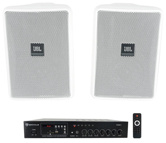 (2) JBL Control 23-1 White 3" Indoor/Outdoor 70v Commercial Wall Speakers + Amp