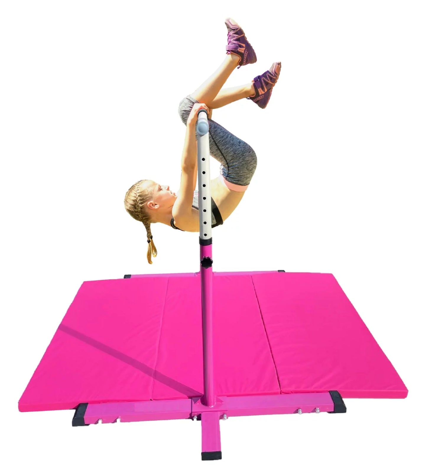 Athletic Bar Expandable Gymnastics Kip Bar for Kids with 6’x4’ Gymnastics Mat and Cushioned Handrail, Height Adjustable 3 to 5 FT Horizontal Bar, Gymnastic Bar for Junior Gymnasts Training Bar Pink