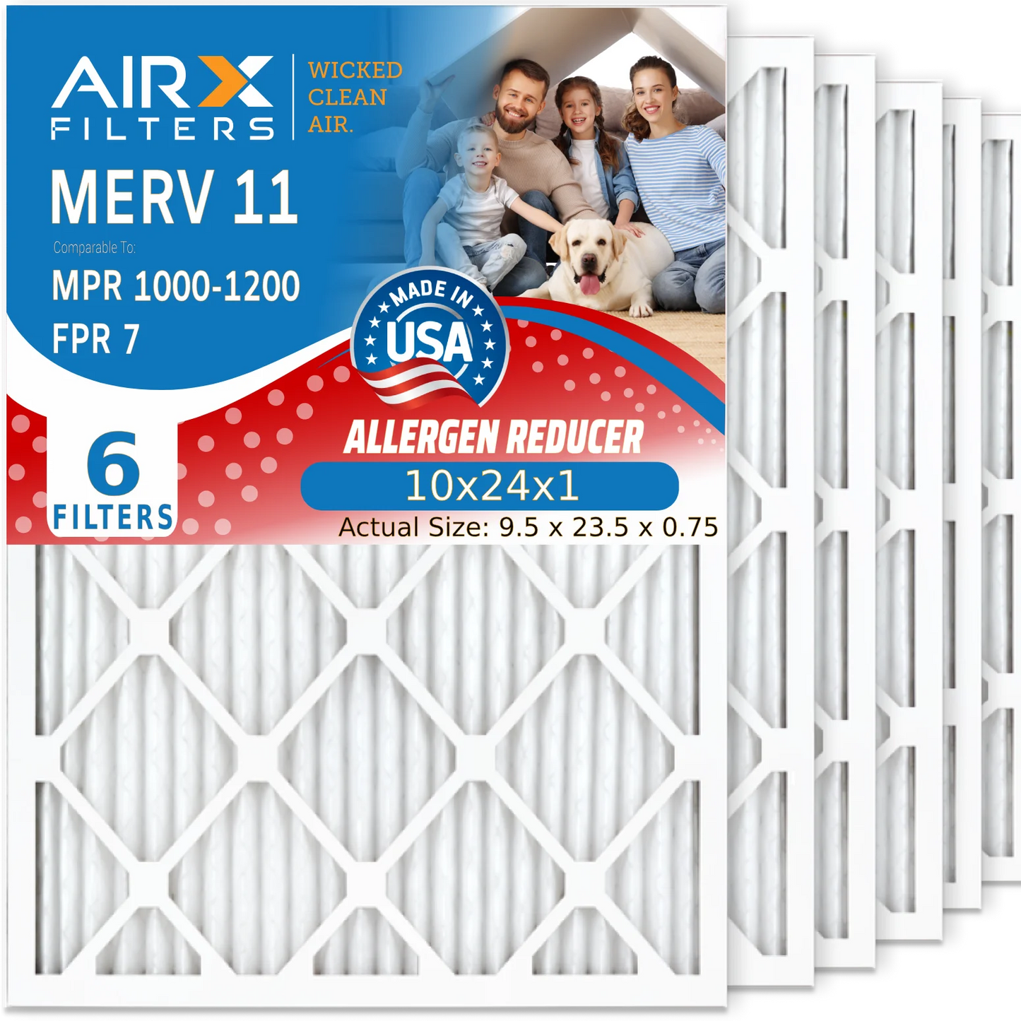 10x24x1 Air Filter MERV 11 Comparable to MPR 1000, MPR 1200 & FPR 7 Electrostatic Pleated Air Conditioner Filter 6 Pack HVAC Premium USA Made 10x24x1 Furnace Filters by AIRX FILTERS WICKED CLEAN AIR.