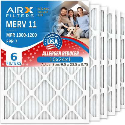 10x24x1 Air Filter MERV 11 Comparable to MPR 1000, MPR 1200 & FPR 7 Electrostatic Pleated Air Conditioner Filter 6 Pack HVAC Premium USA Made 10x24x1 Furnace Filters by AIRX FILTERS WICKED CLEAN AIR.