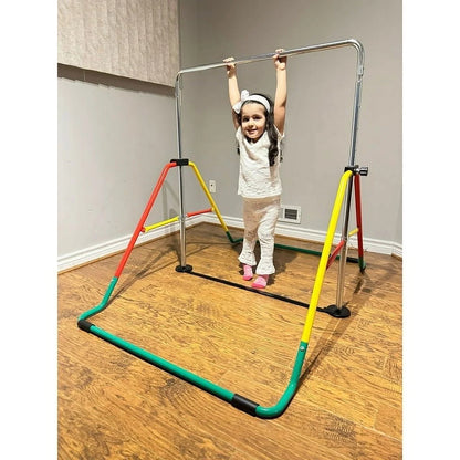 Balançoire Adjustable Kids Gymnastics Bar - Home Training Monkey Bar, Folding & Expandable (Red/Yellow)