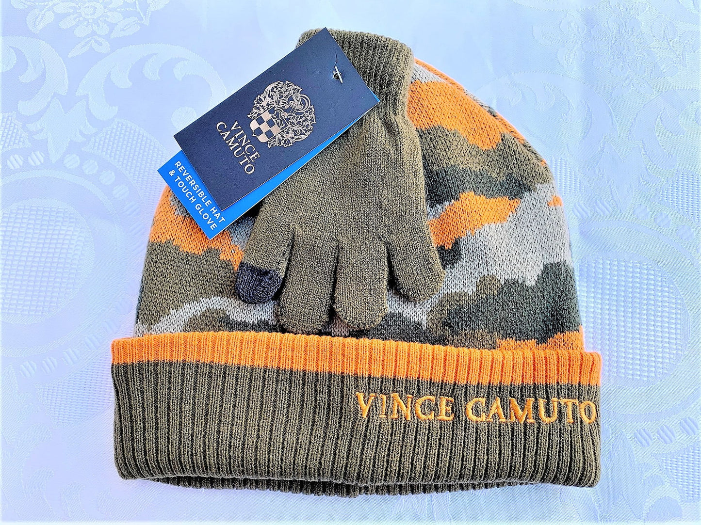 Vince Camuto Boy's Reversible Hat & Touch Gloves, OSFM, Camo