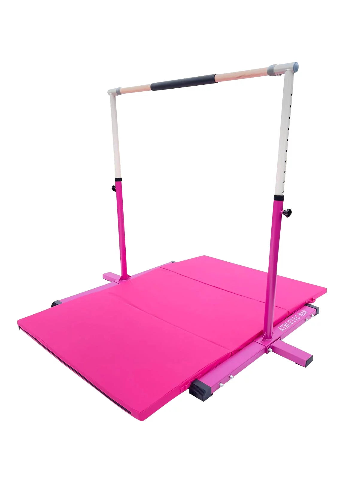 Athletic Bar Expandable Gymnastics Kip Bar for Kids with 6’x4’ Gymnastics Mat and Cushioned Handrail, Height Adjustable 3 to 5 FT Horizontal Bar, Gymnastic Bar for Junior Gymnasts Training Bar Pink