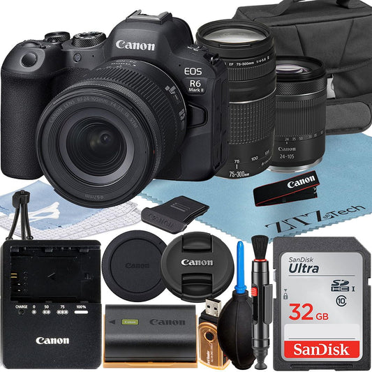 Canon EOS R6 Mark II Mirrorless Camera with RF 24-105mm + EF 75-300mm Lens + SanDisk 32GB Memory Card + Case + LED Flash + ZeeTech Accessory Bundle