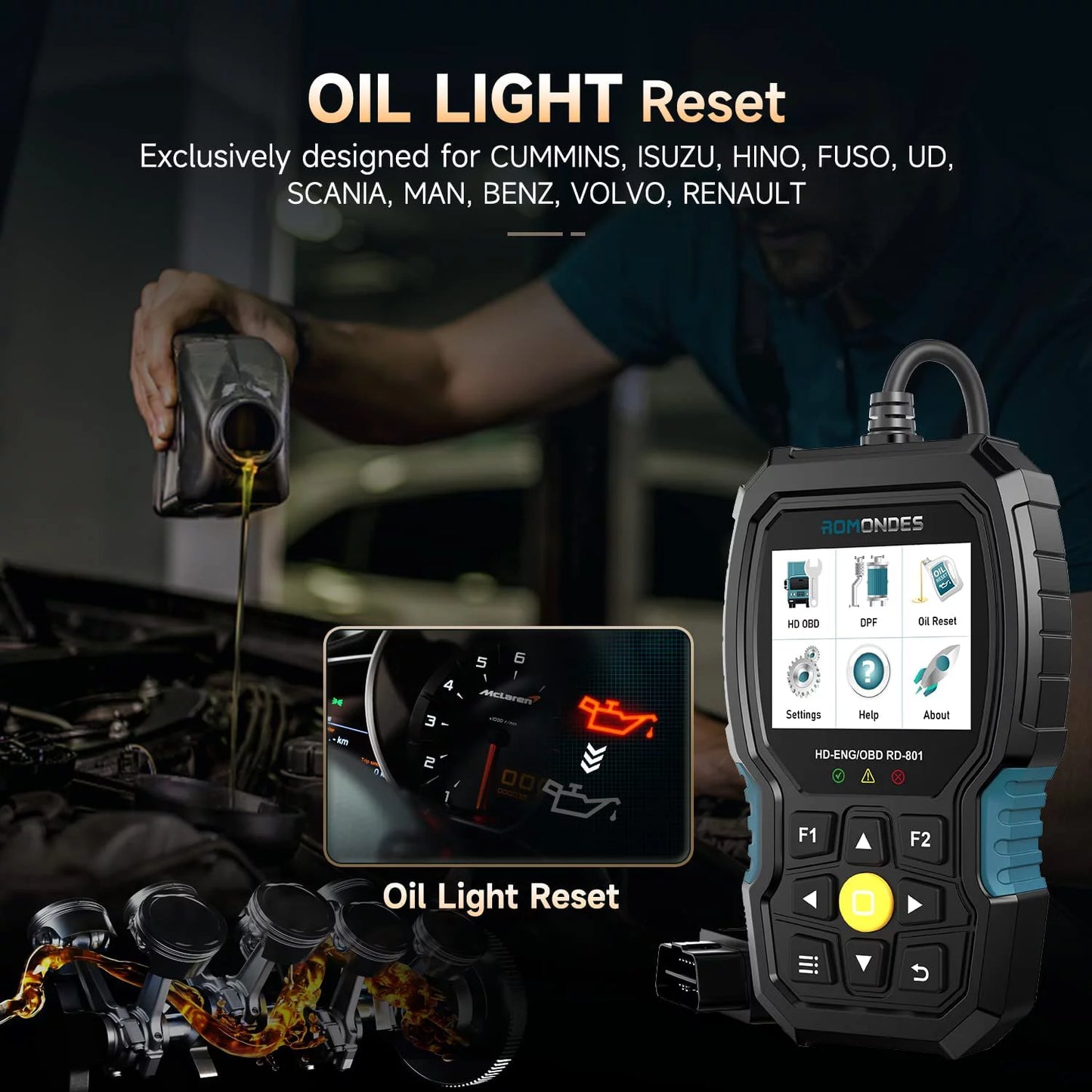 Romondes RD901 Heavy Duty Truck Scanner EOBD OBD2 Scan Tool HD OBD Diesel Scanner All System Diagnostic Tool with DPF Oil Light Reset HD Heavy Duty Truck OBD Car 2 in 1 Code Reader