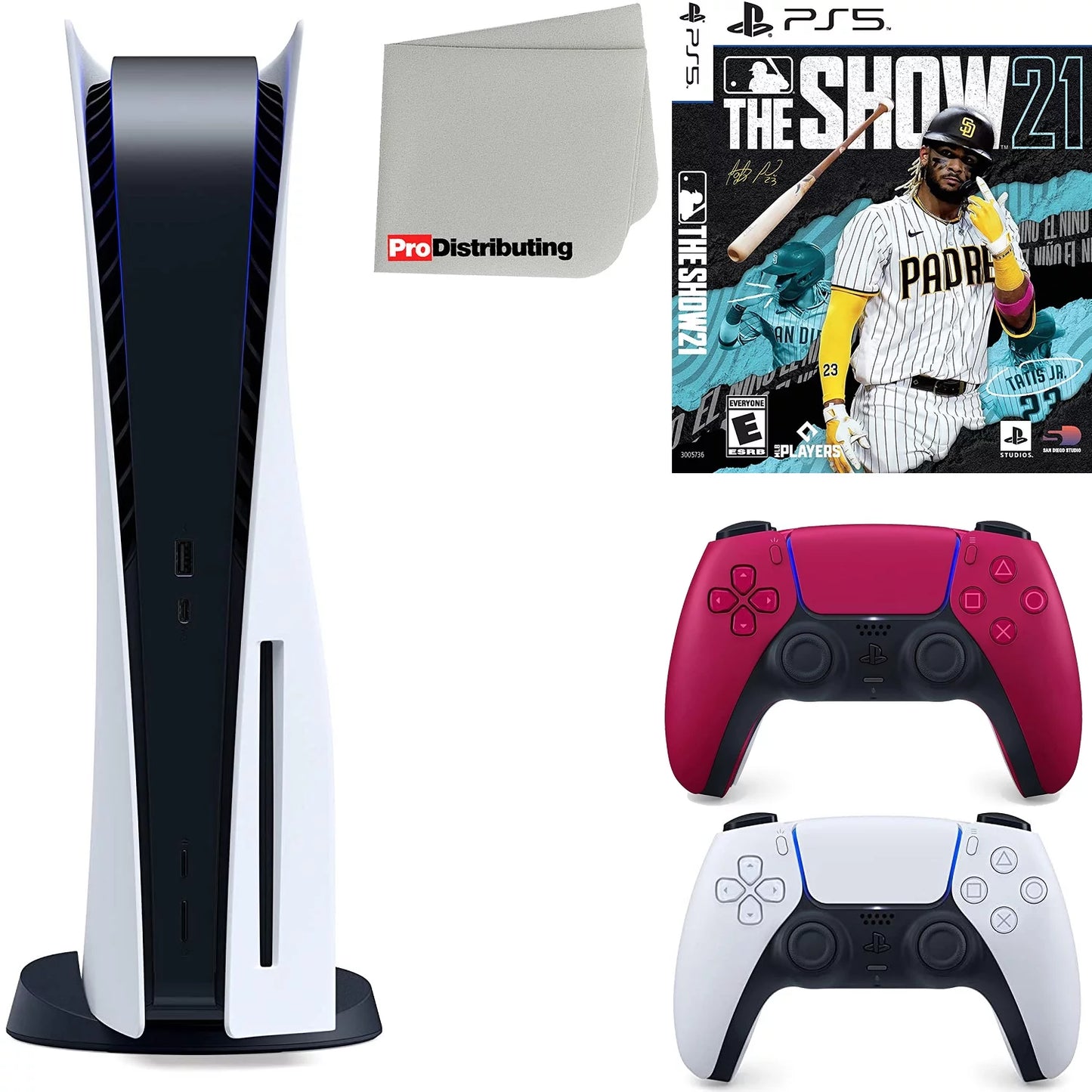 Sony Playstation 5 Disc Version (Sony PS5 Disc) with Cosmic Red Extra Controller, MLB The Show 21 and Microfiber Cleaning Cloth Bundle