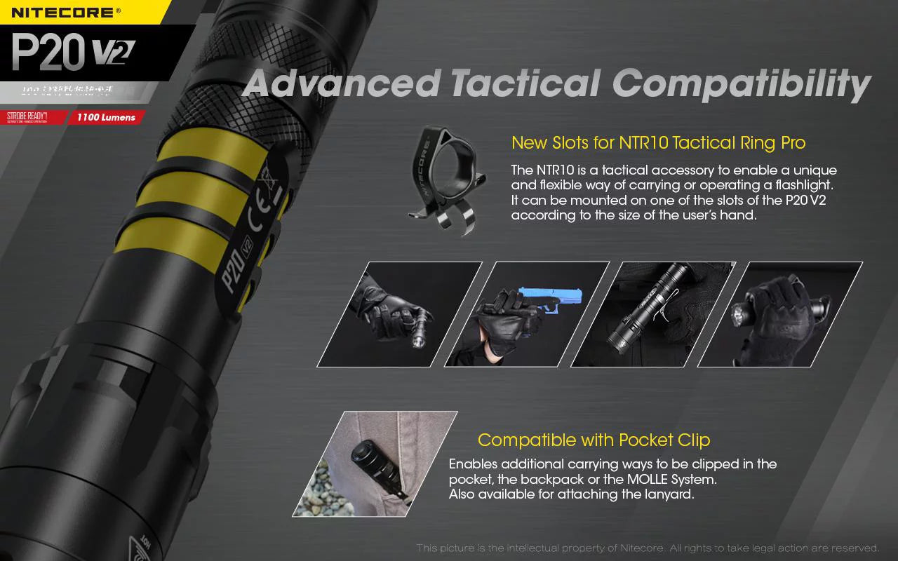 Combo: Nitecore P20 V2 Tactical LED Flashlight - CREE XP-L2 V6 - 1100 Lumens w/NL189 Battery +2x Free Eco-Sensa CR123A Batteries