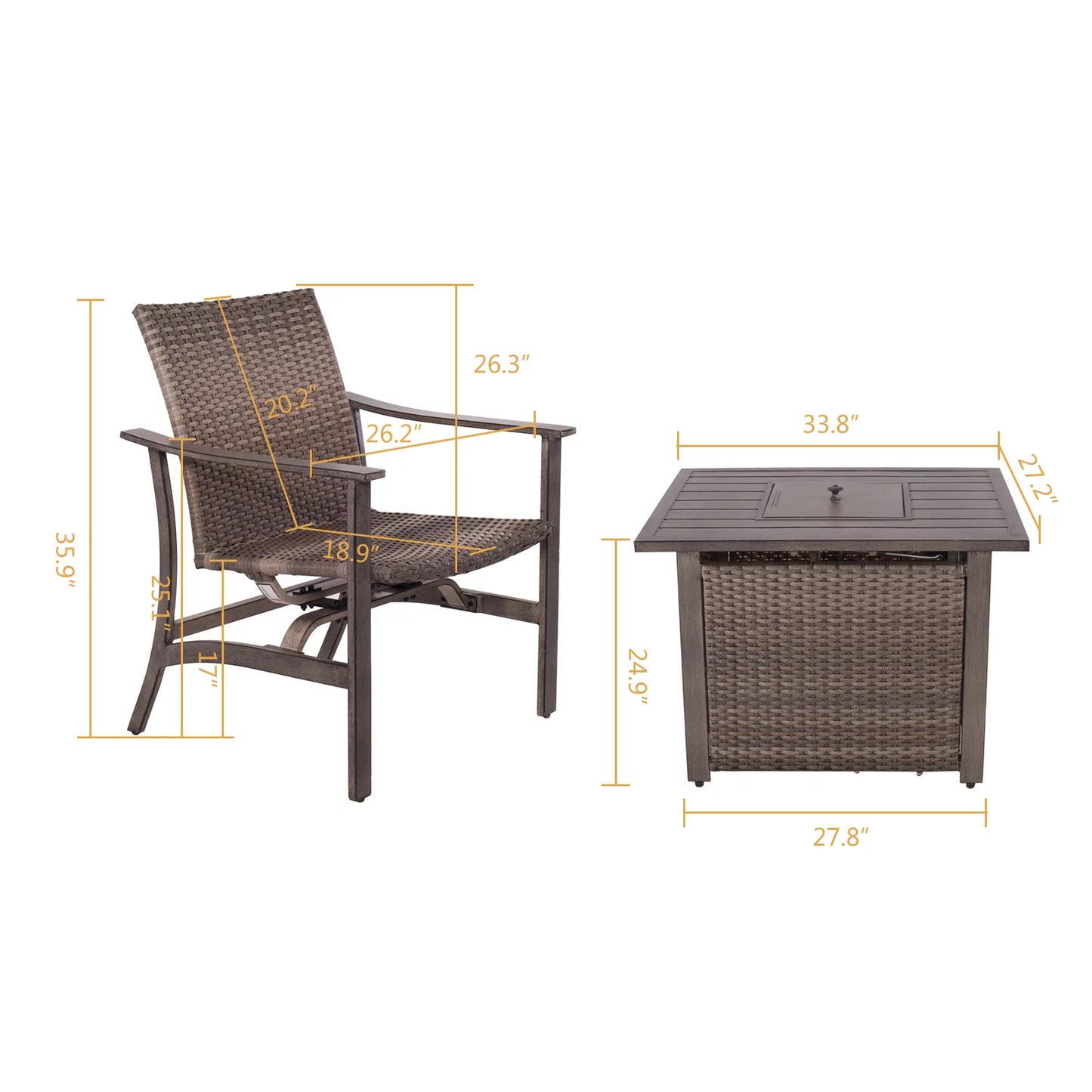 5 Piece Patio Furniture Set with Fire Pit Table, 4 Wicker Rocking Motion Chairs & 33.8"x27.2" 15000 BTU Propane Gas Firepit Table, All-Weather Outdoor Conversation Set for Yard Garden Deck